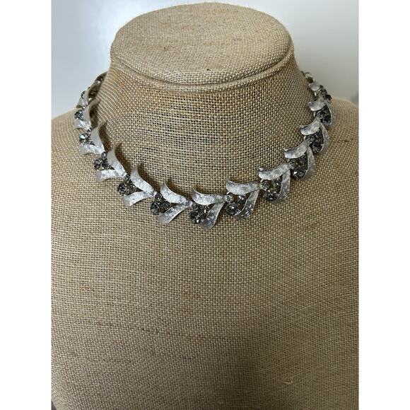 Vtg Silver Tone Smokey Grey Crystal Statement Necklace/ Earring Set. By ART - Picture 2 of 5